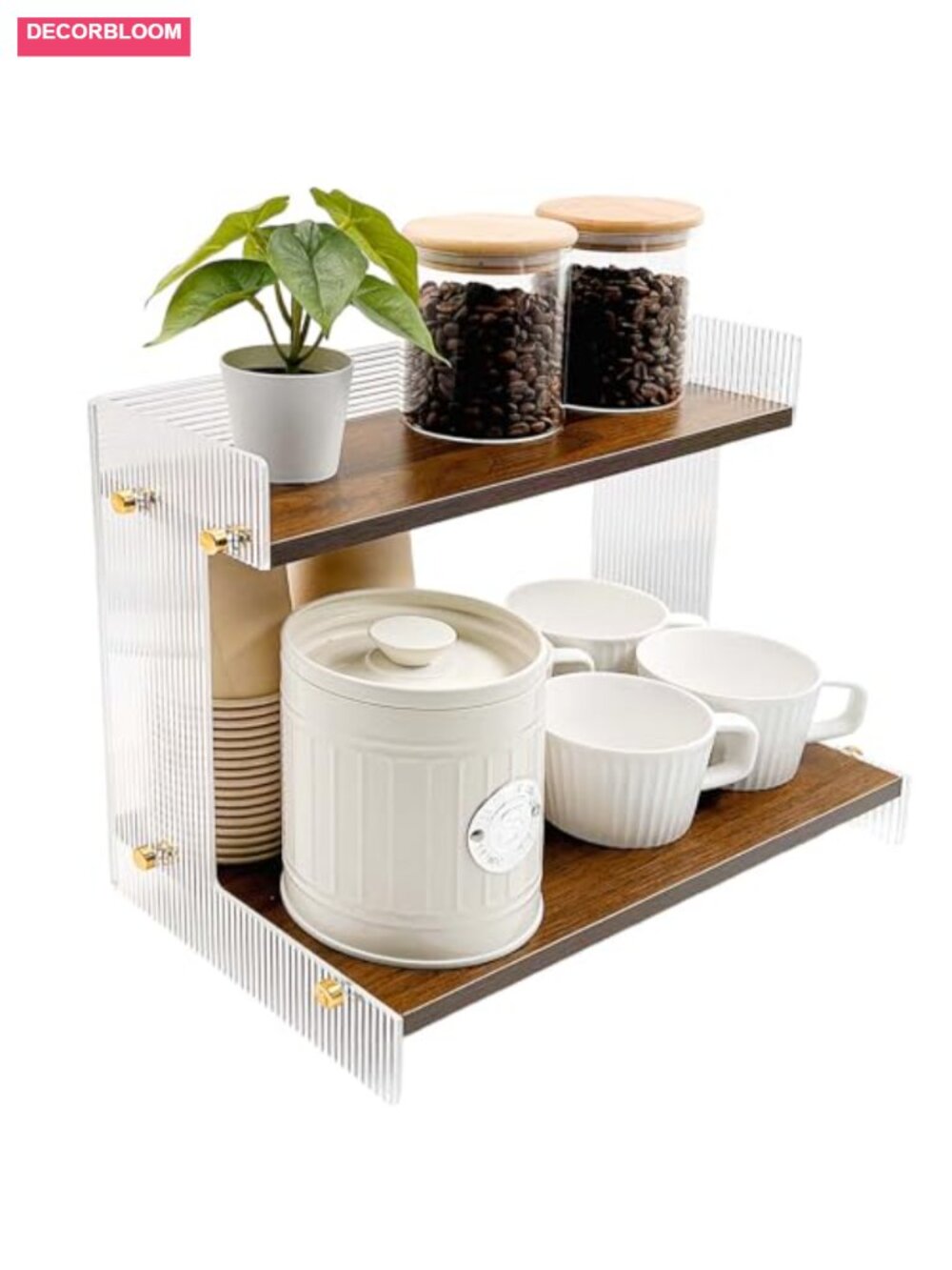 2-Tier Acrylic & Wood Coffee Station Organizer with Raised Edges, Walnut Finish
